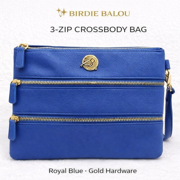 Birdie Balou Handbags - Birdie Balou 3-Zip Royal Blue Crossbody Bag | Faux Leather, Gold Hardware